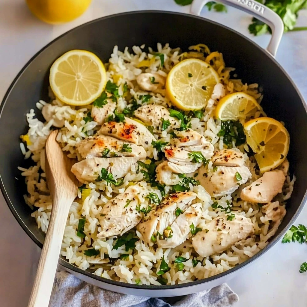 Recipe preparation for Lemon Herb Chicken and Rice Skillet