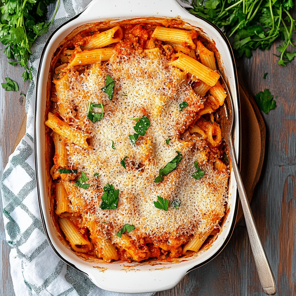 Recipe preparation for Dump & Bake Chicken Parmesan Pasta